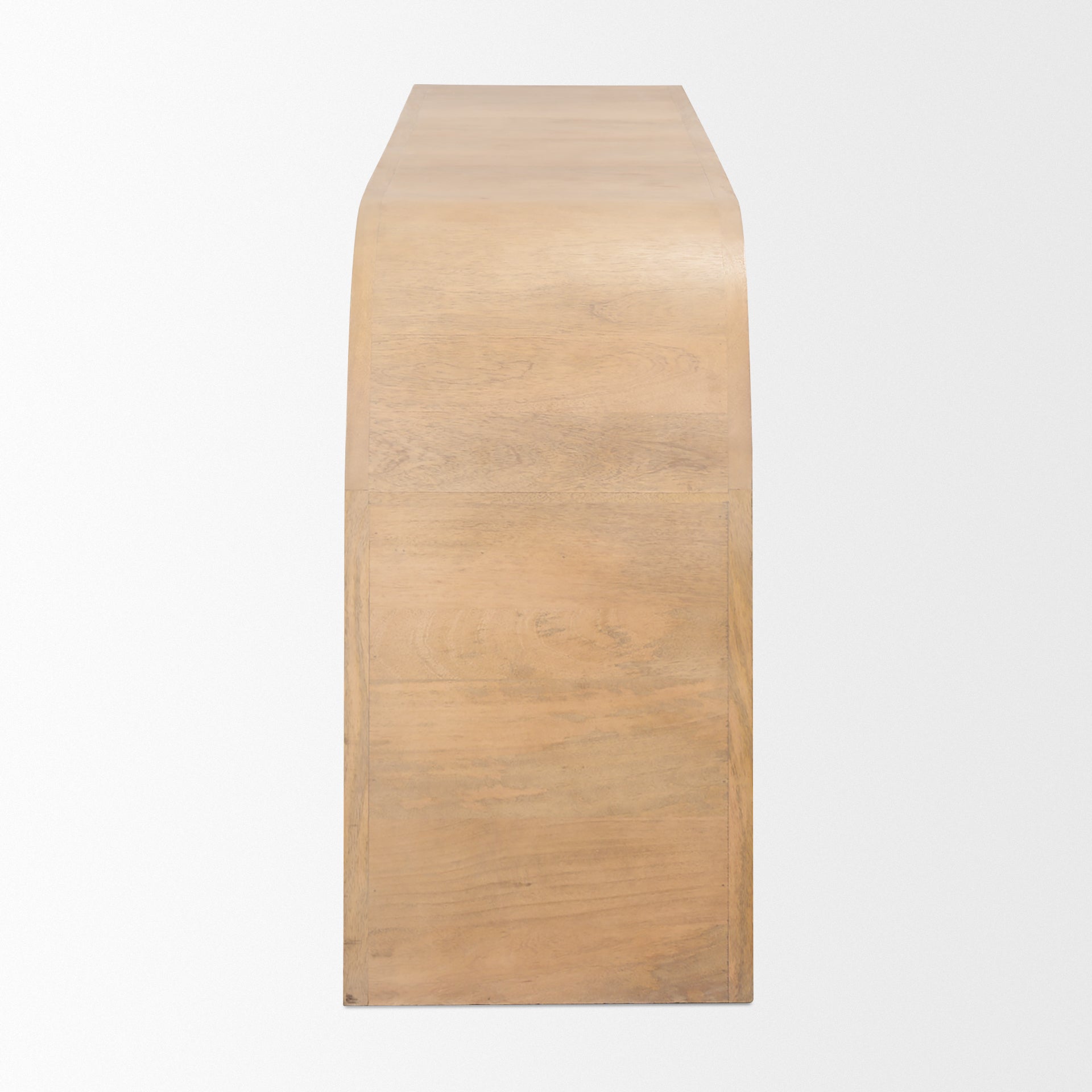 Side profile view of the Arco sideboard showing the depth of the cabinet and natural mango wood grain.