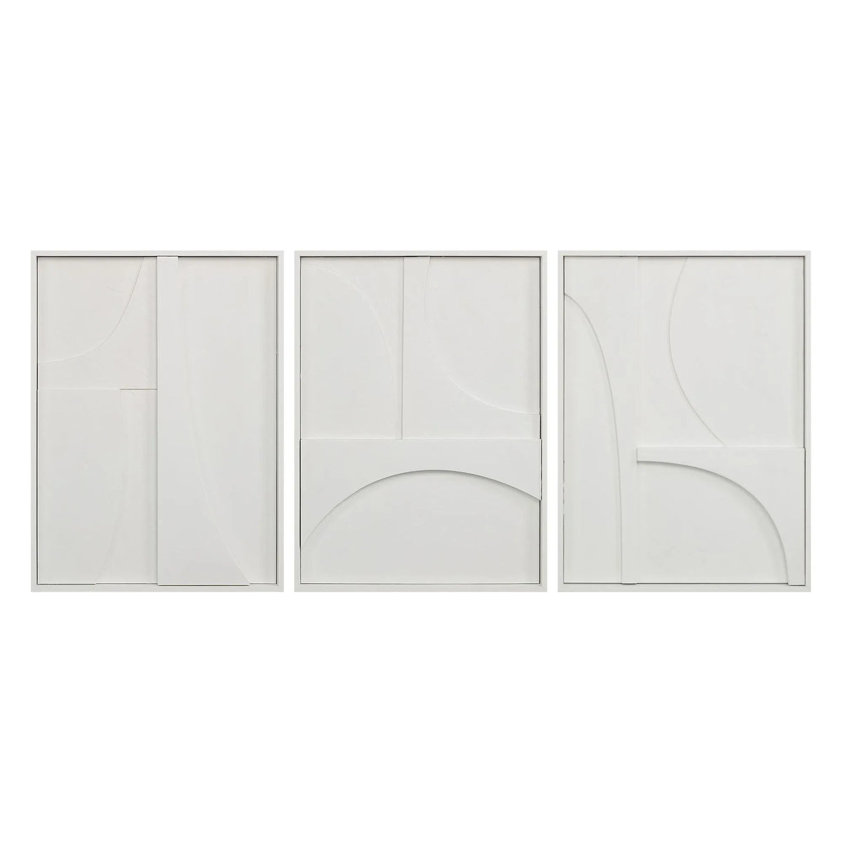 Front view of the Arcus Relief wall art set with sculpted curved panels displayed on a clean white background