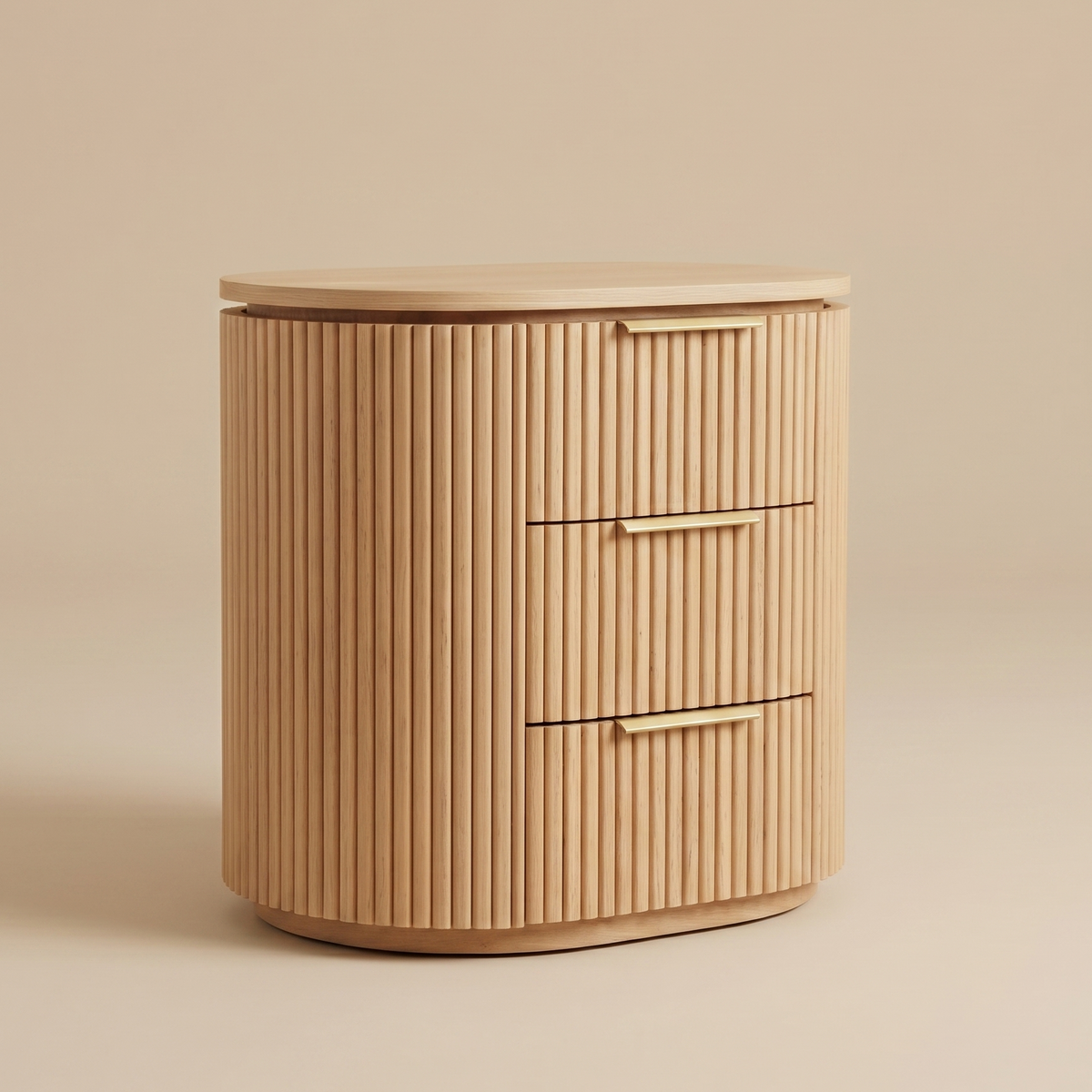 Wooden side table with two drawers on a beige background