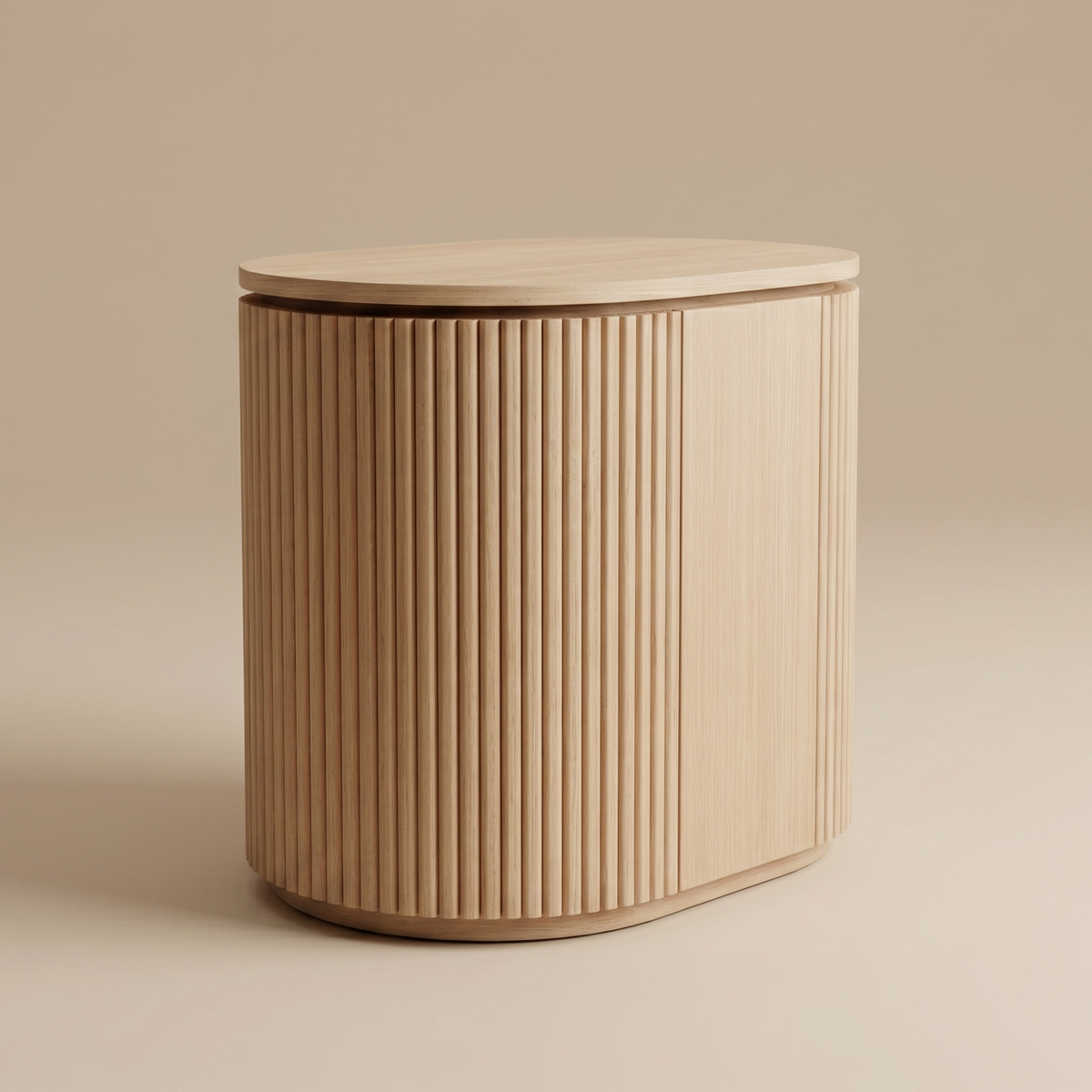 Beige cylindrical side table with ribbed texture on a beige background
