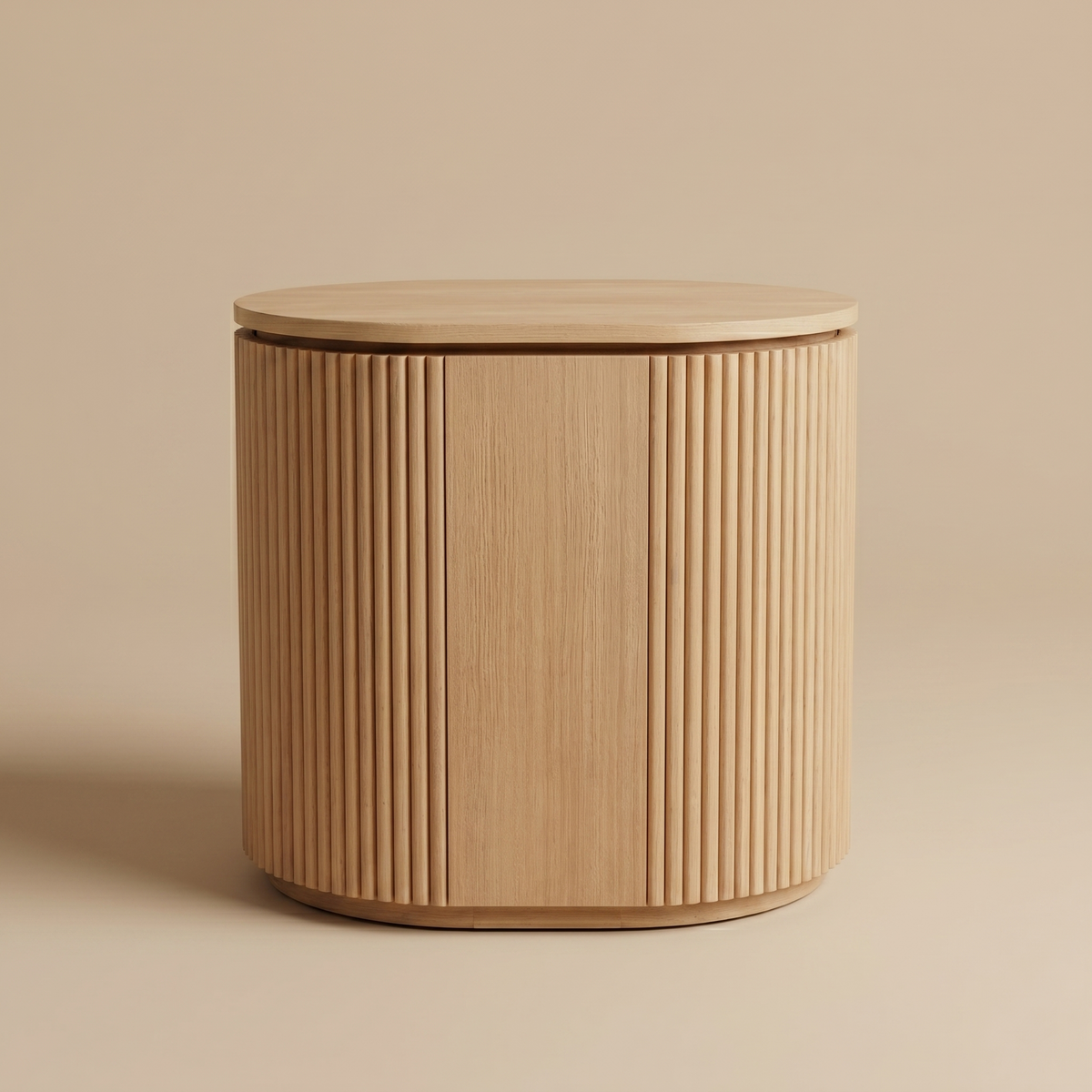 Wooden side table with a ribbed design on a beige background
