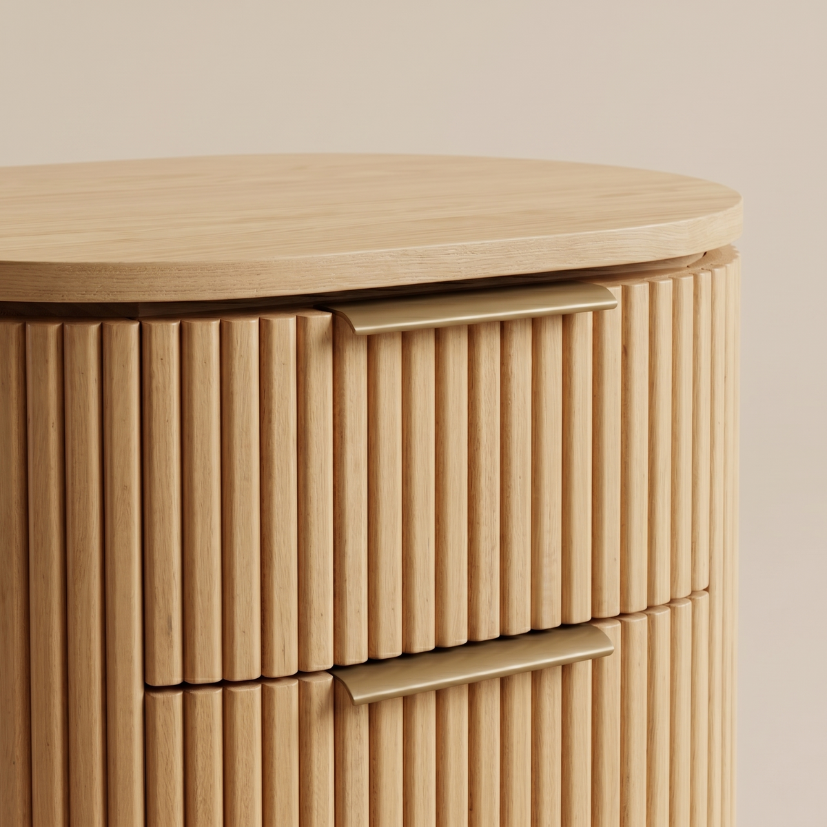 Wooden drawer unit with a light wood finish on a beige background