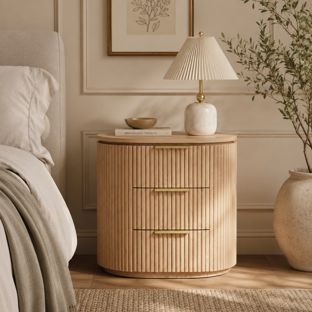 Wooden nightstand with lamp and decor in a bedroom setting