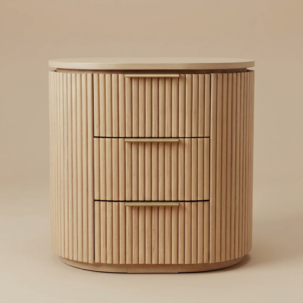 One Arden Oak Night Stand from the set of two, showing three fluted drawers and a curved oak profile, front view