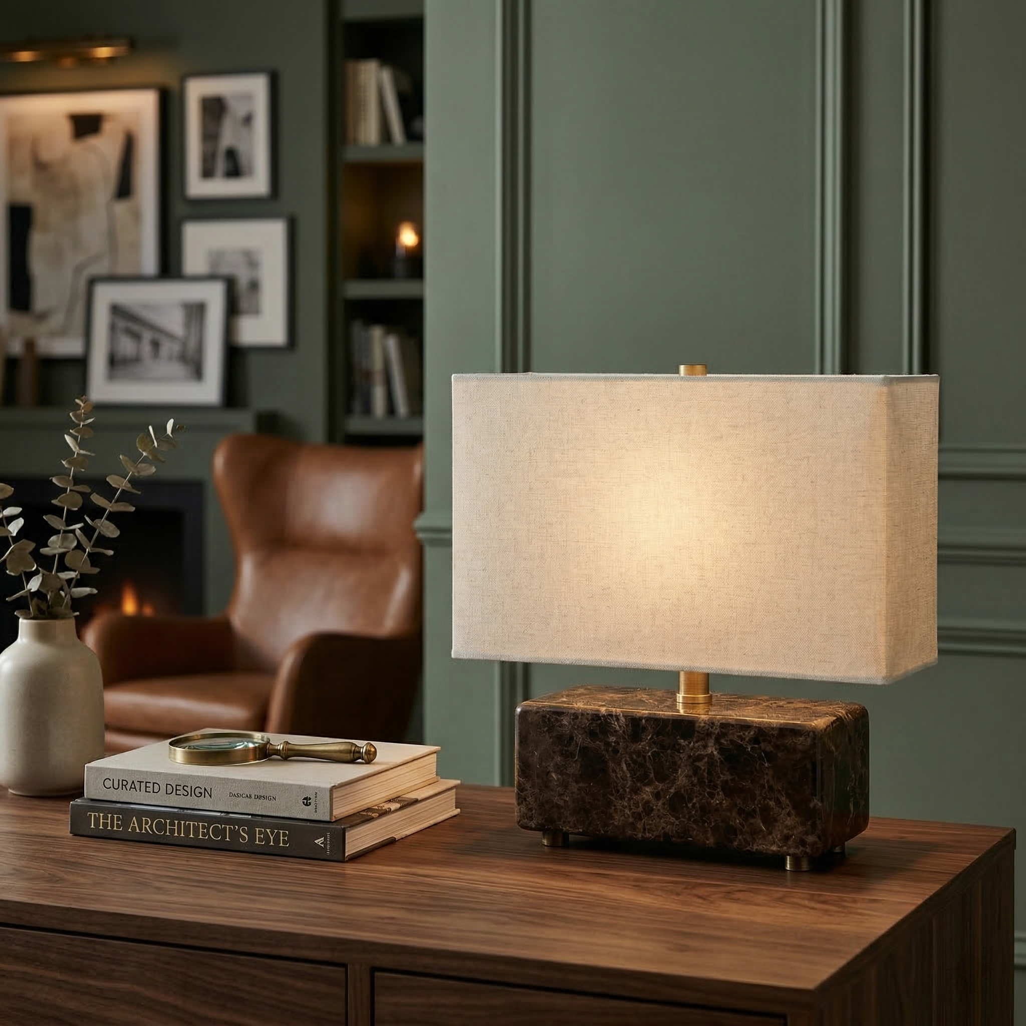 Aris Marble Table lamp on a wooden surface with books and a vase in a room setting.