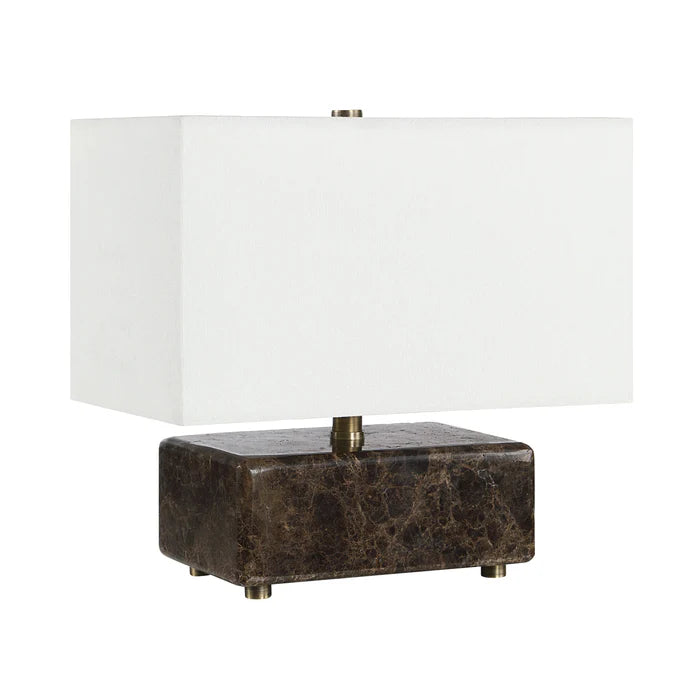 Aris marble table lamp with a white shade and brown marble base on a white background