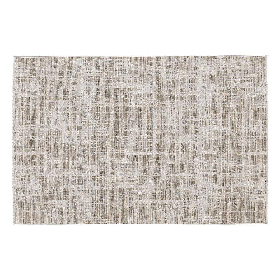Textured area rug with a neutral color palette on a white background