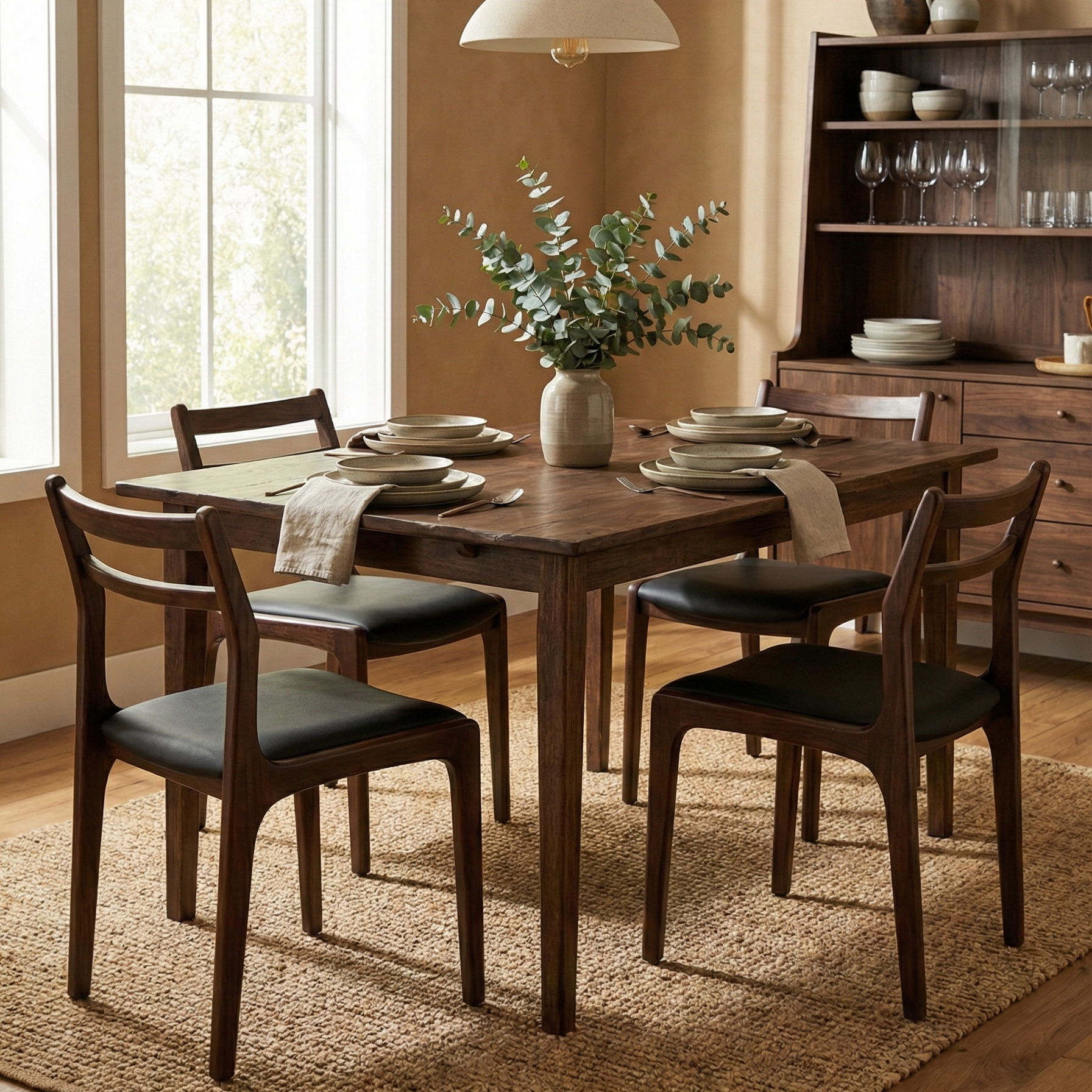 Four dark wood Aspen dining chairs with black seats styled around a square wooden dining table in a warm, earthy dining room.