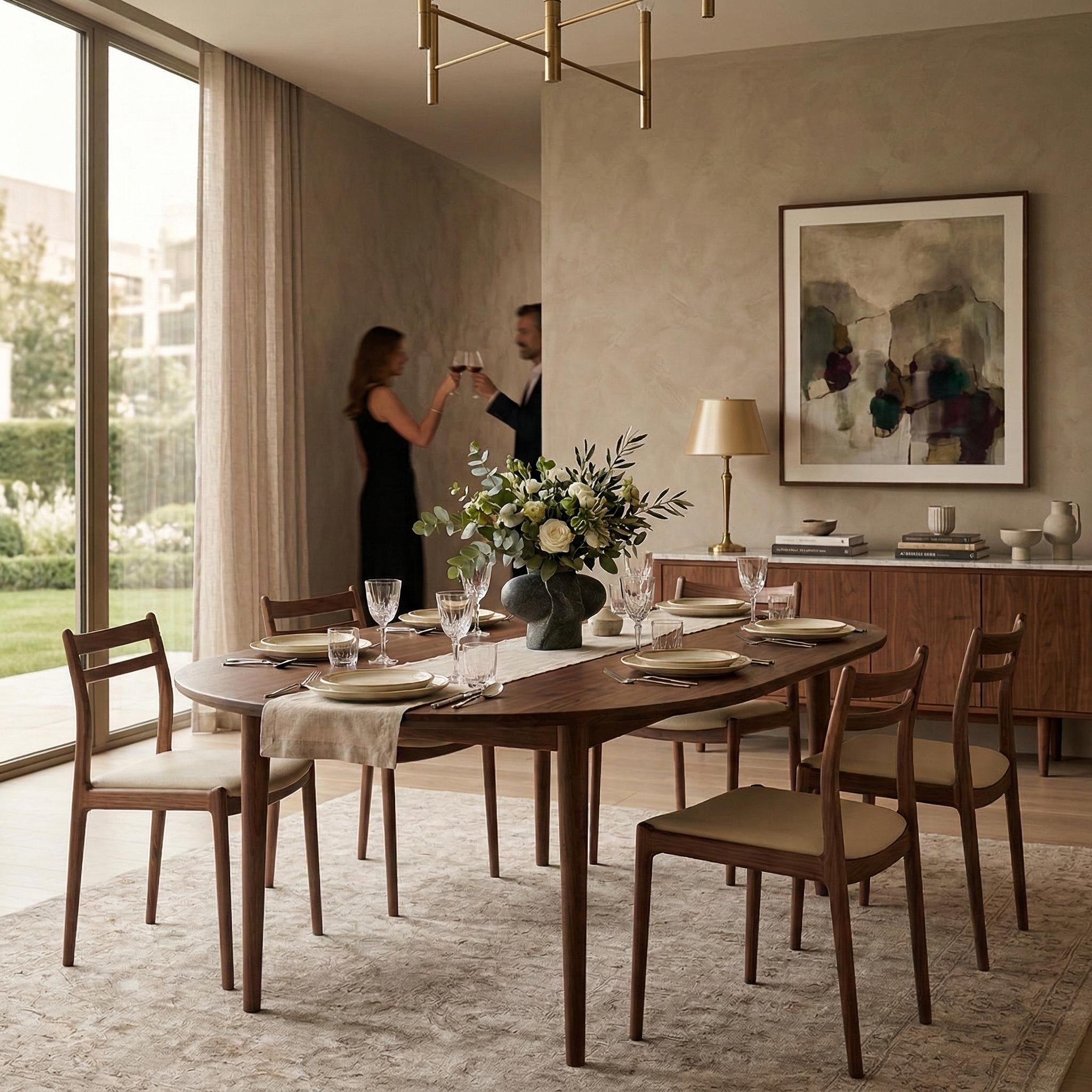 Six walnut wood Aspen dining chairs with cream seats styled around a large oval wooden dining table in an elegant, bright dining room.