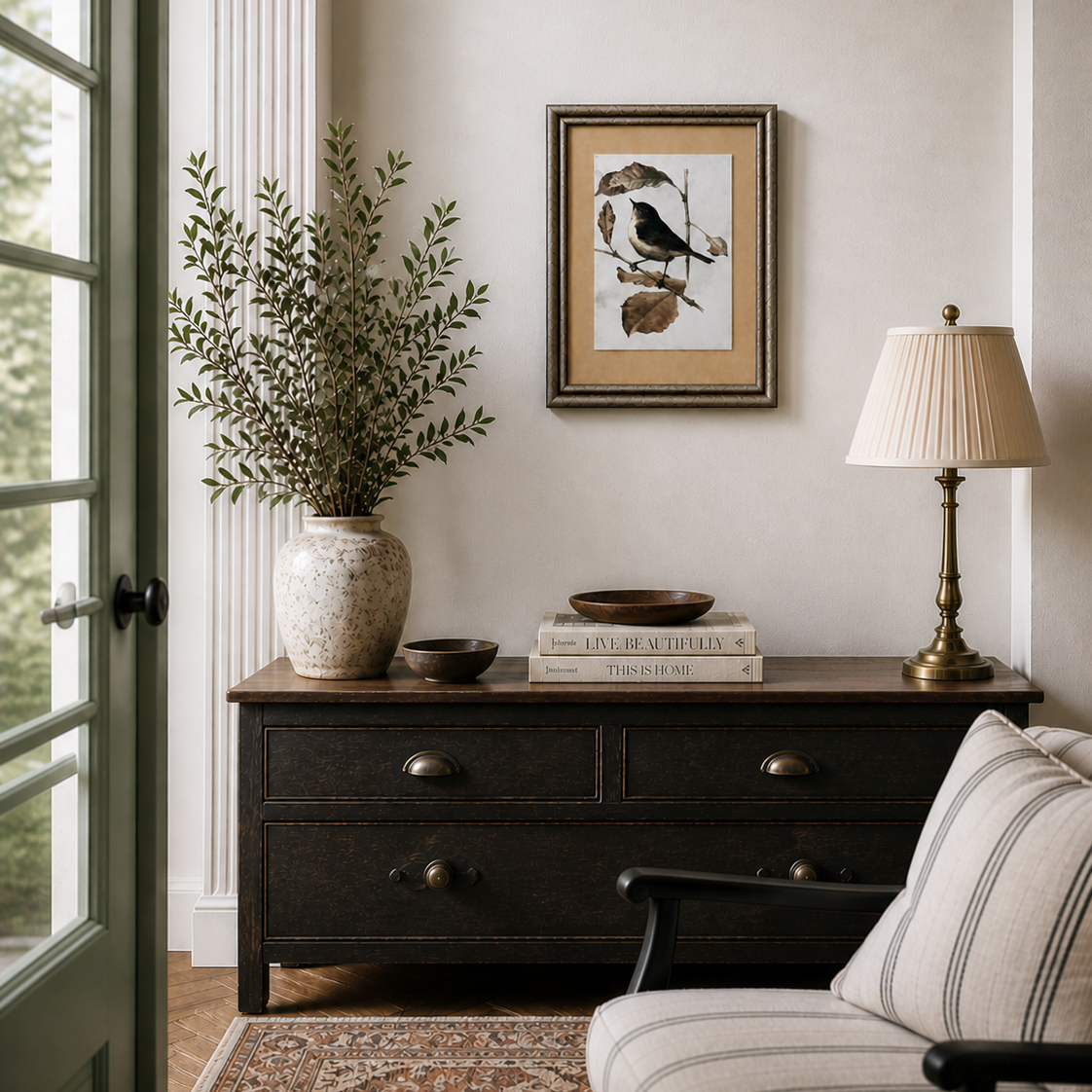 Living room with a black dresser, lamp, and framed artwork on a beige wall.