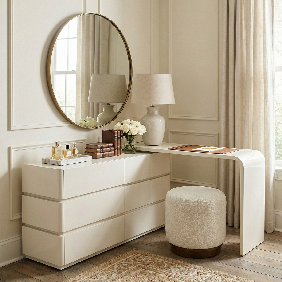 Avina white vanity styled in a bedroom corner, demonstrating its space-saving L-shape design perfect for small rooms or apartments