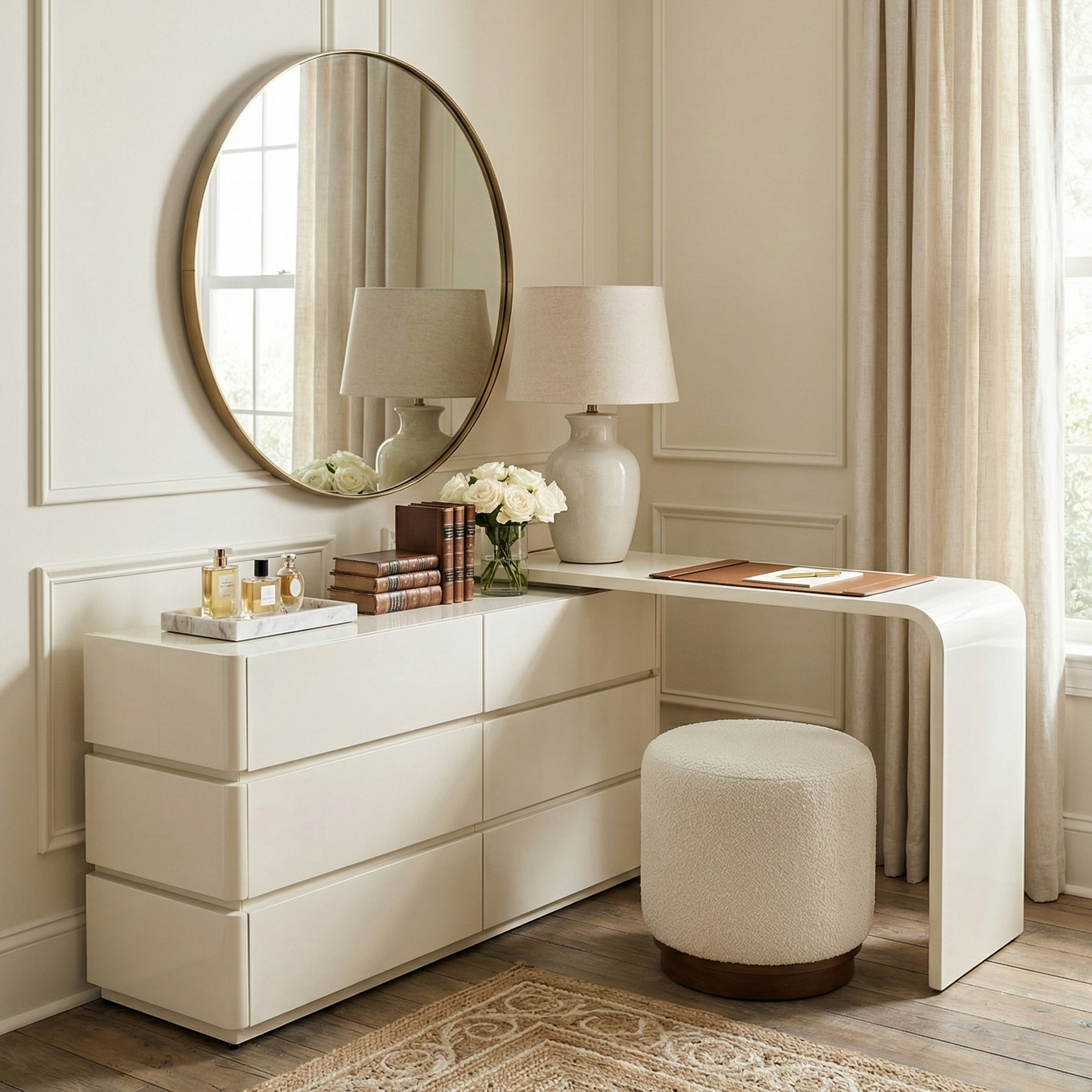 Avina white vanity styled in a bedroom corner, demonstrating its space-saving L-shape design perfect for small rooms or apartments.