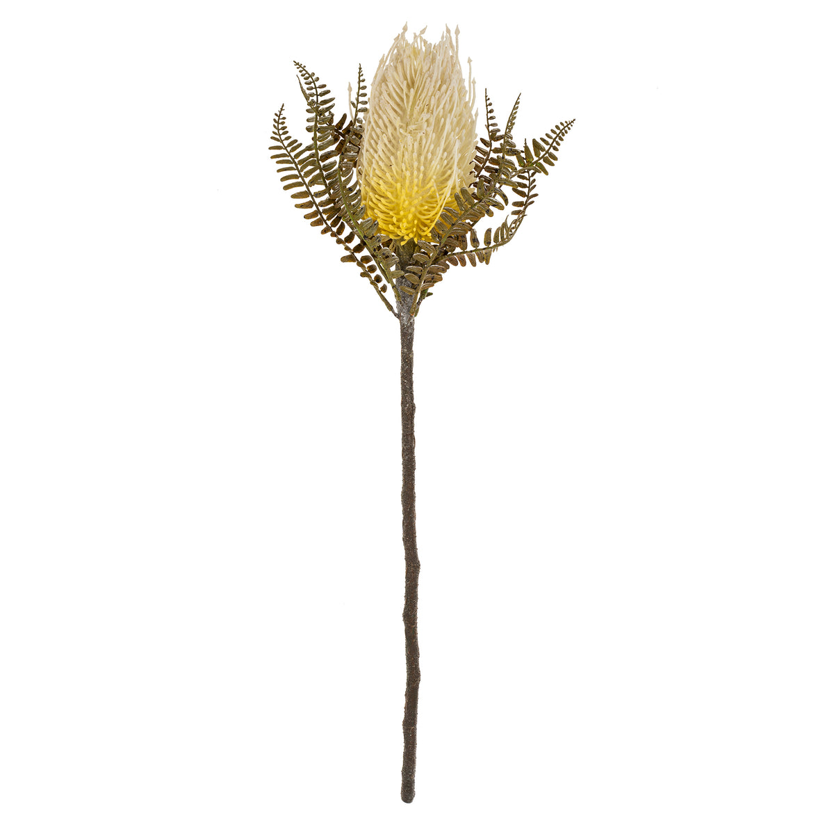 Artificial protea flower with a yellow center on a white background