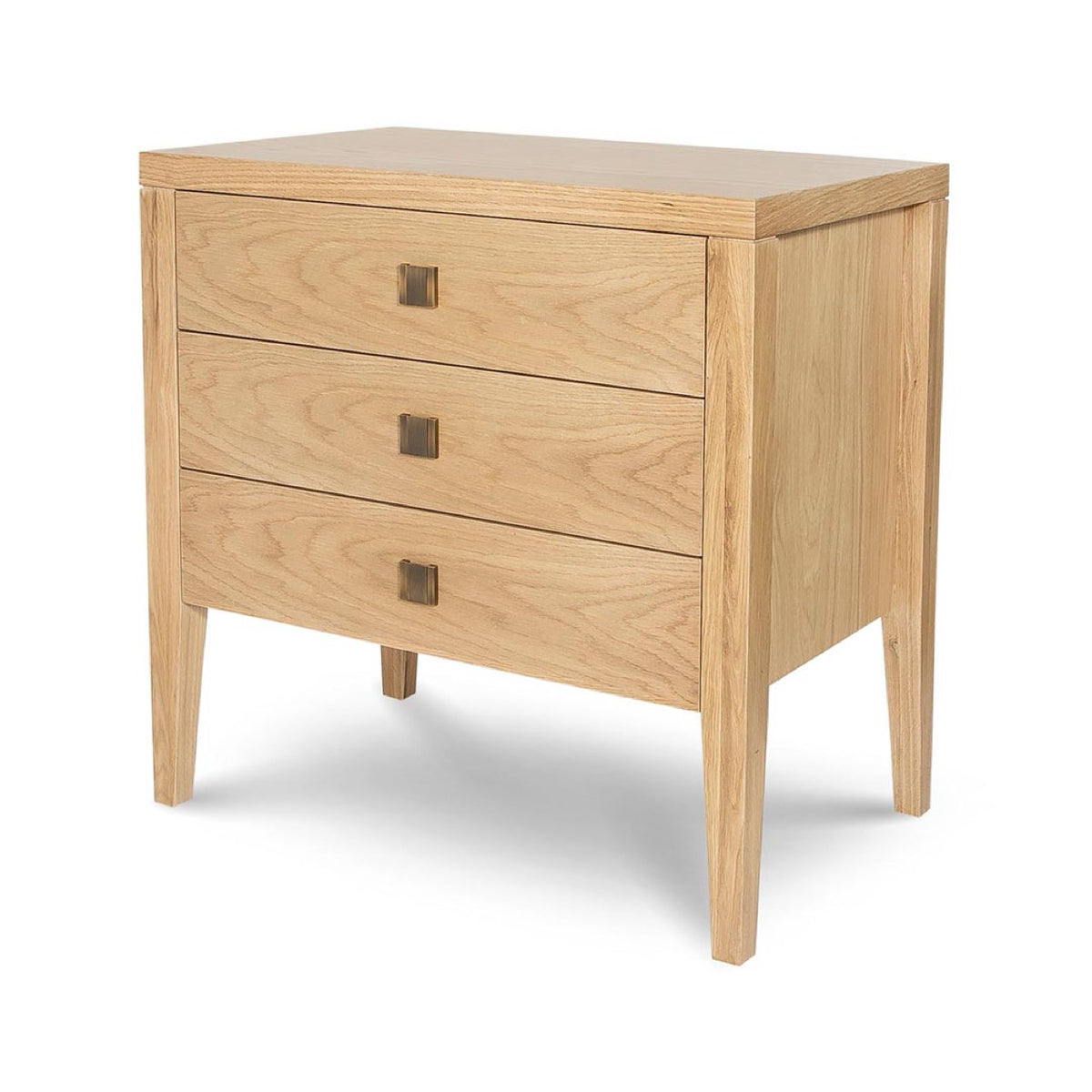 A 3/4 perspective studio shot of the Beaumont 3-Drawer Nightstand against a white background, showing the side profile and tapered legs.
