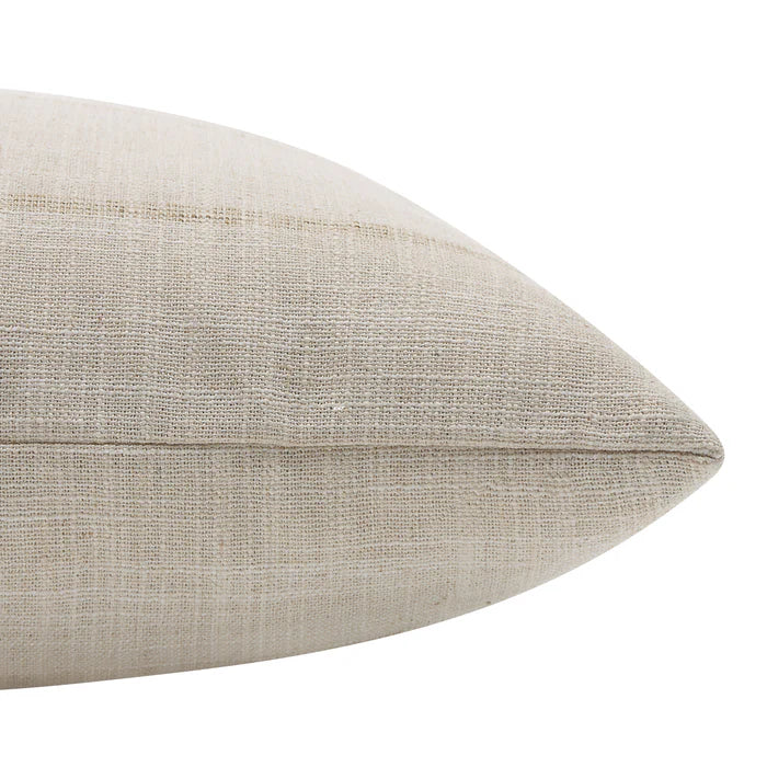 Close-up of the crisp corner seam and textured beige linen-style fabric on the Beckett striped throw pillow.