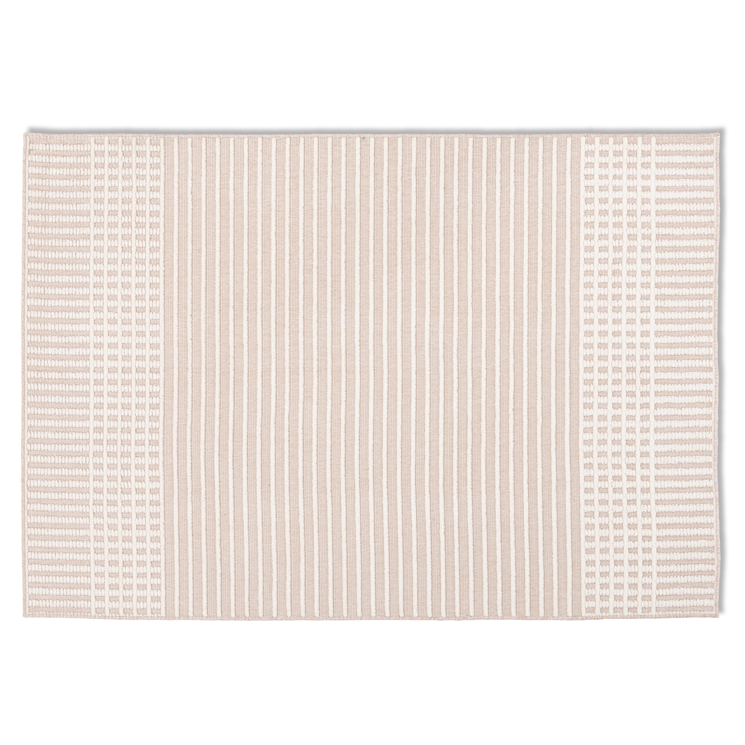 Full overhead view of the rectangular Beckett textured stripe rug featuring horizontal stripes and patterned borders in soft neutral tones.