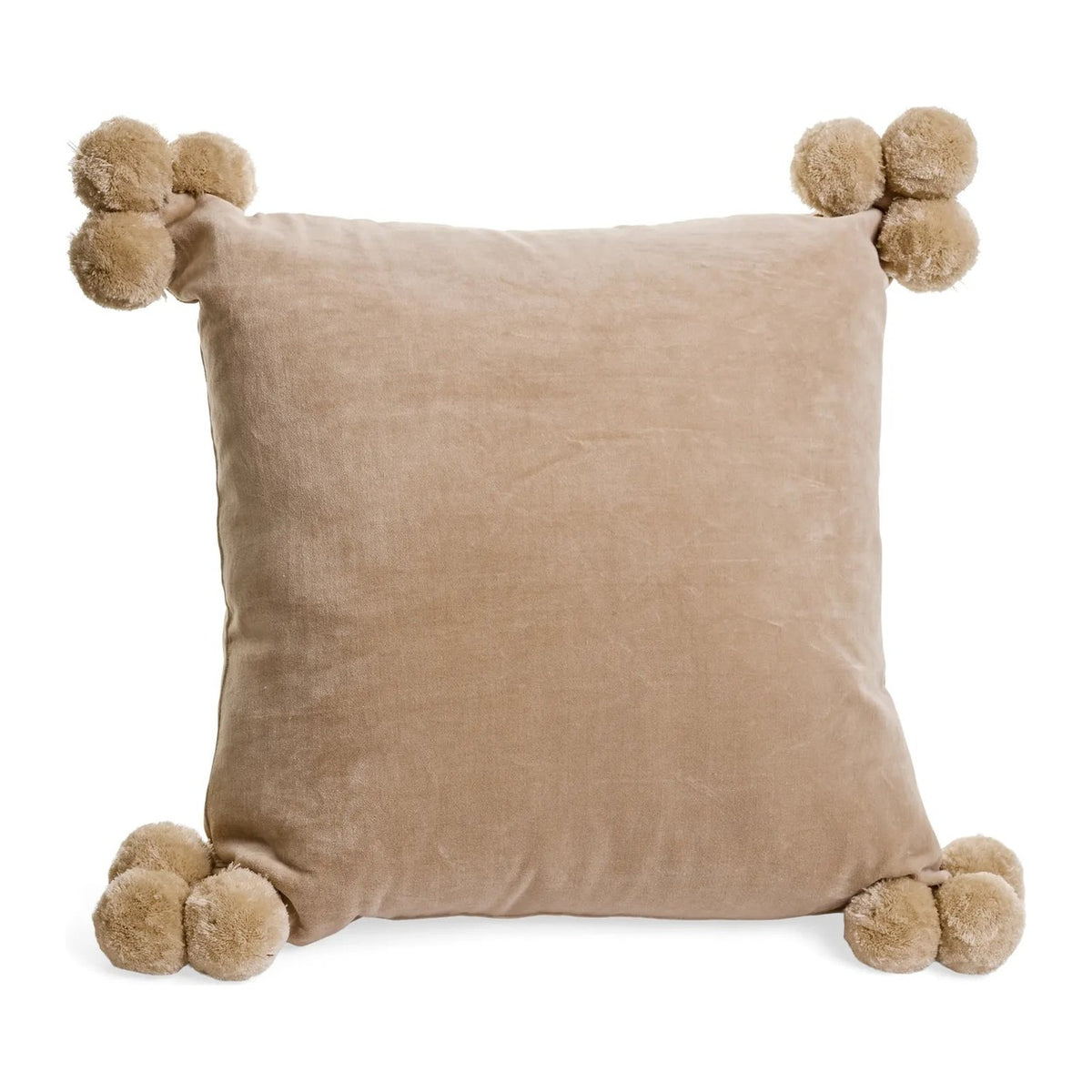 Beige velvet square cushion with pom-pom corner clusters