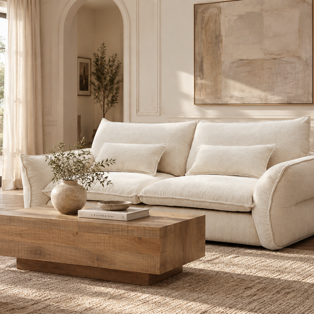 Bella Boucle sofa in a warm-toned living room featuring a wooden coffee table, a floor lamp, and a large abstract painting on the wall.