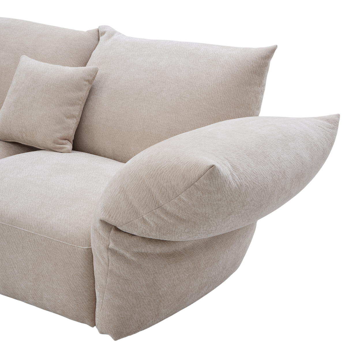 Angled close-up of the Blooming Embrace Modular Sofa showing the curved adjustable armrest and back cushions in Pearl White chenille on a white background