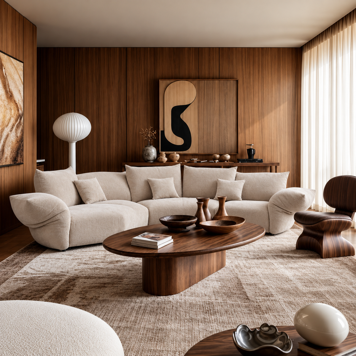 Blooming Embrace Modular Sofa, Combo A, in Pearl White chenille in a warm living room with wood-panelled walls, an oval wooden coffee table and abstract wall art