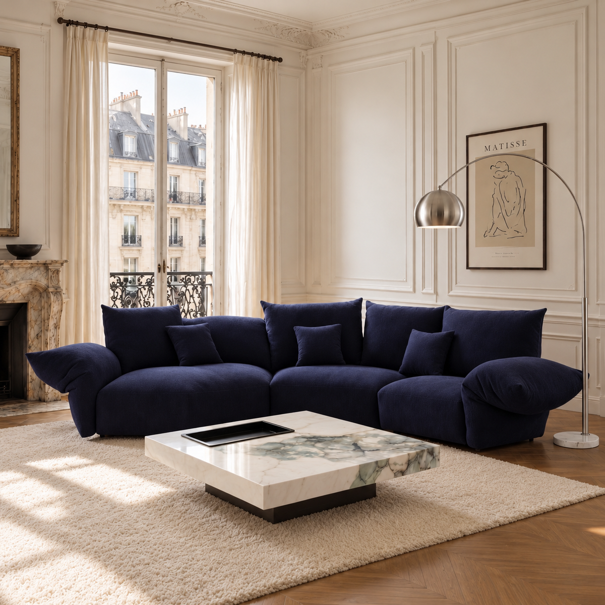 Blooming Embrace Modular Sofa, Combo A, in Serenity Blue chenille in a Parisian-style living room with tall windows, wall mouldings and a rectangular marble coffee table