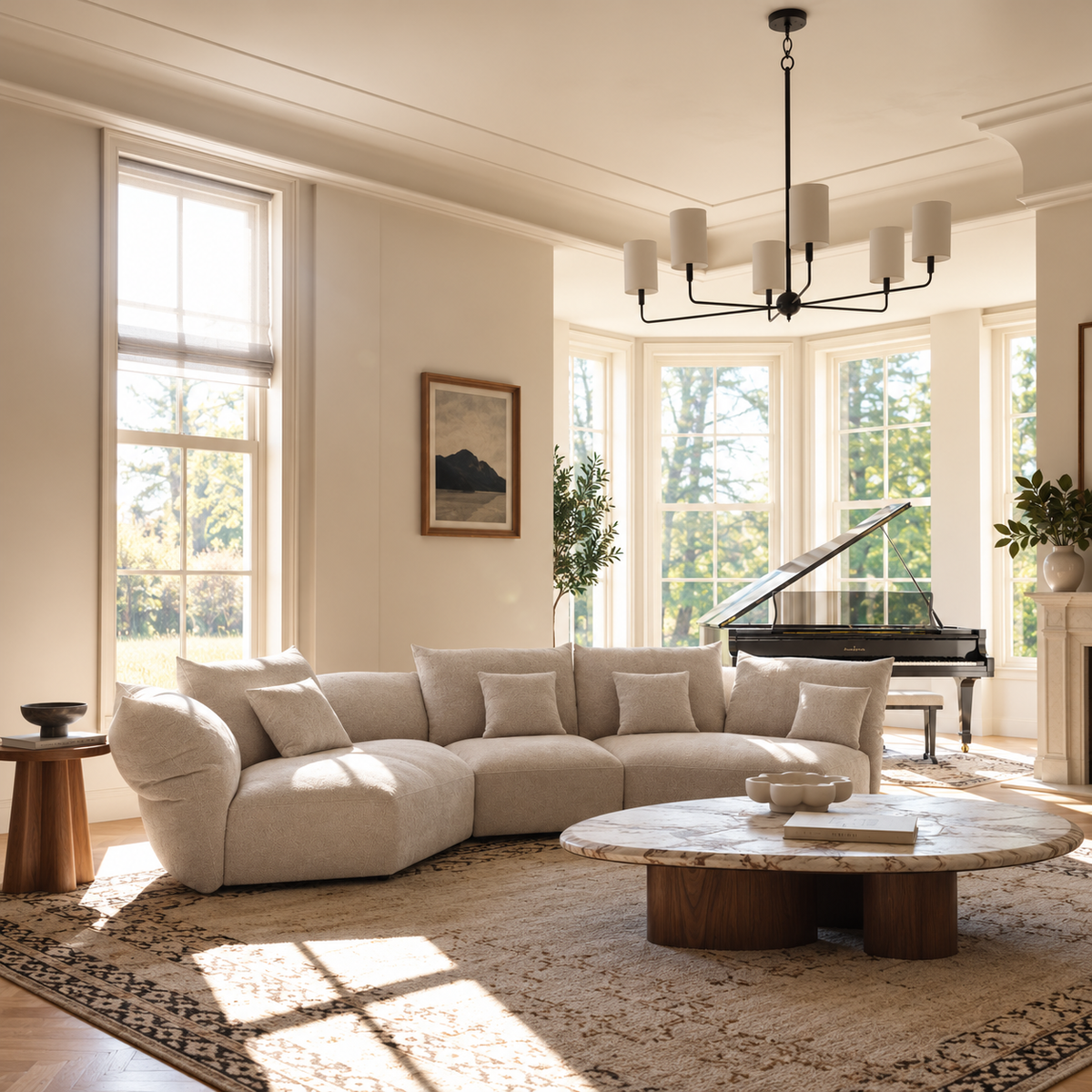 Blooming Embrace Modular Sofa, Combo B, in Pearl White chenille in a bright living room with tall windows, a grand piano and a round stone coffee table