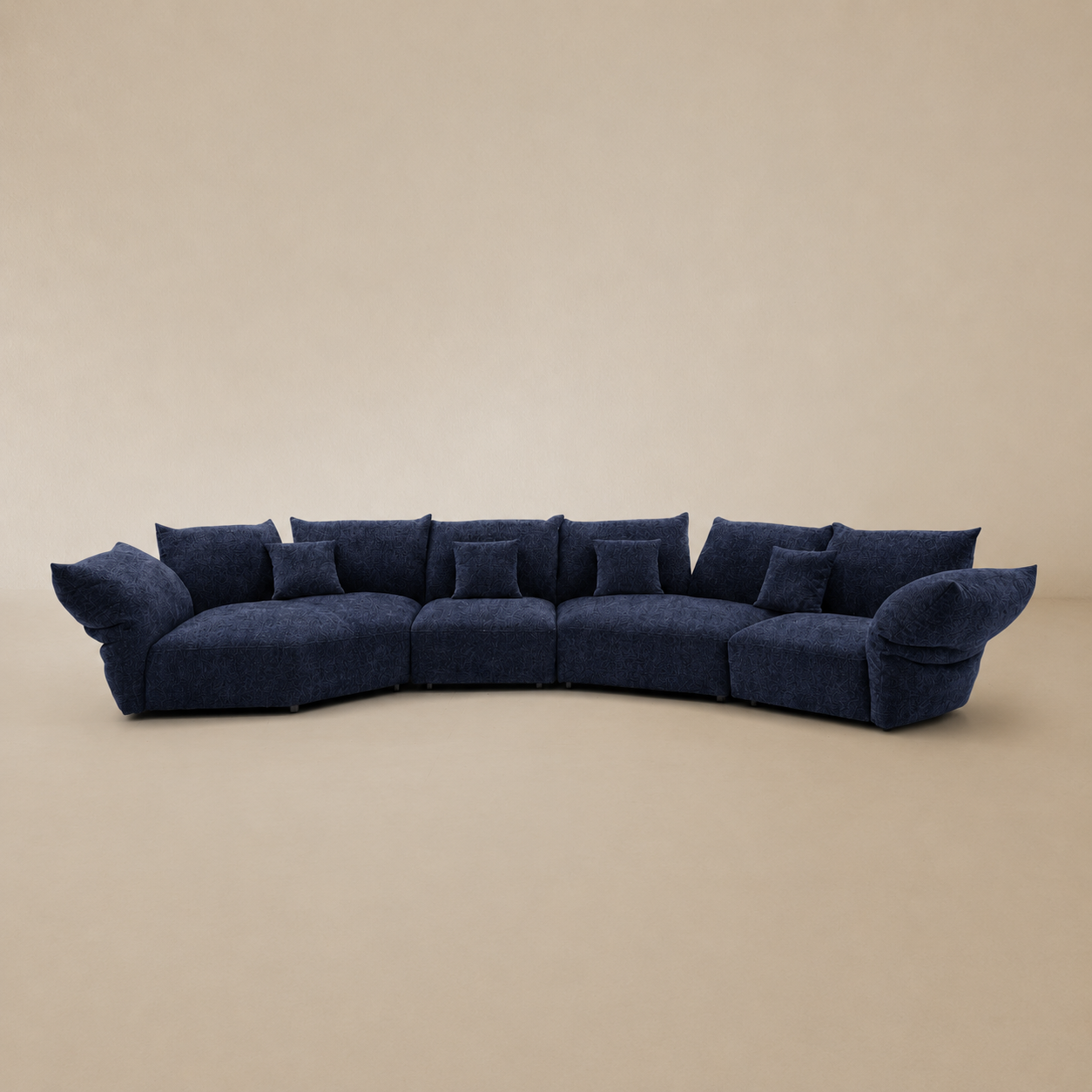 Blue sofa on a beige background.