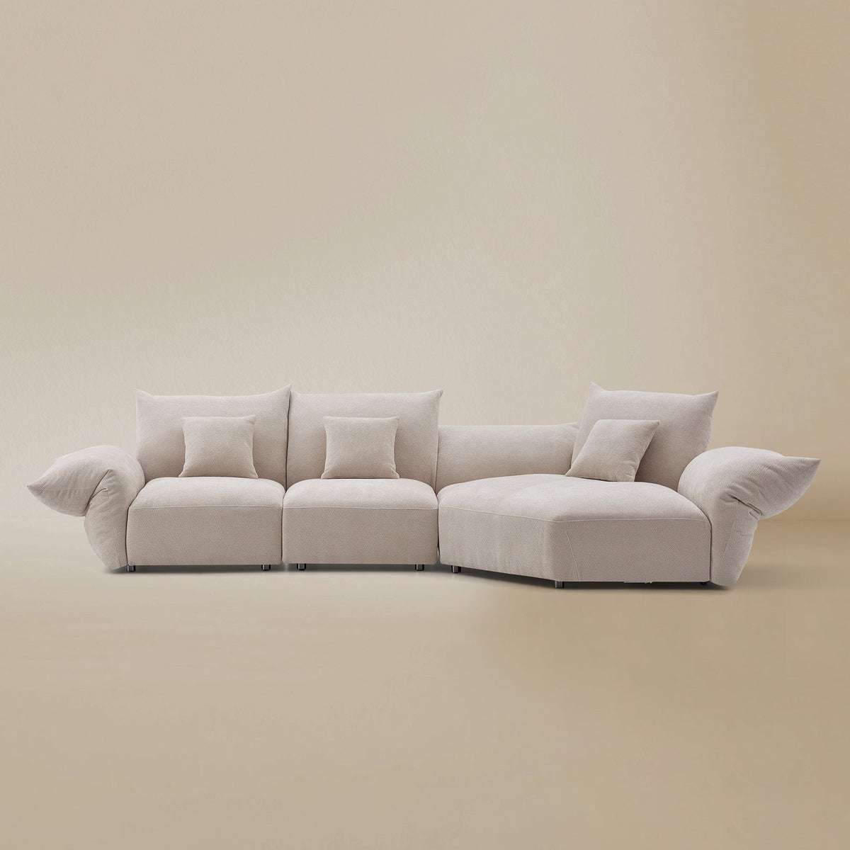 Front view of the Blooming Embrace Modular Sofa, Large Chaise with Two Seater, in Pearl White chenille on a beige studio background
