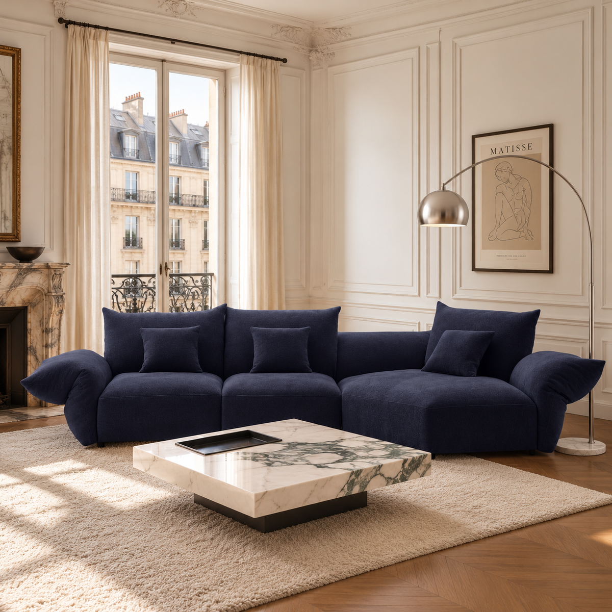 Blooming Embrace Modular Sofa, Large Chaise with Two Seater, in Serenity Blue chenille in a Parisian-style living room with tall windows, wall mouldings and a rectangular marble coffee table