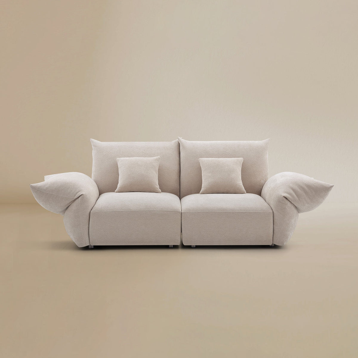 Front view of the Blooming Embrace Modular Sofa, Two Seater, in Pearl White chenille on a beige studio background