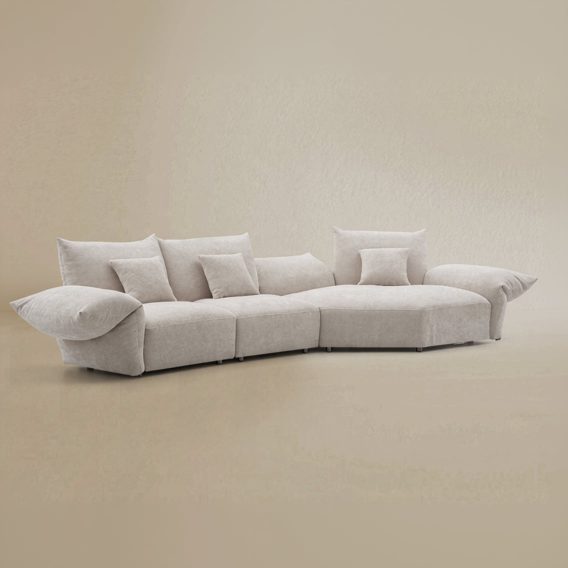Blooming Embrace Modular Sofa in pearl chenille fabric in two seater with large chaise configuration on beige studio background