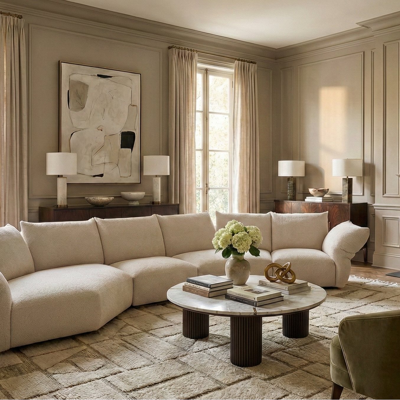 Luxurious living room with beige sectional sofa, coffee table, and decorative elements.