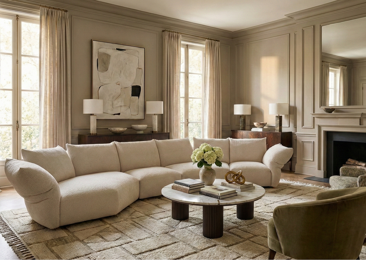 Luxurious living room with beige sectional sofa, coffee table, and decorative elements.