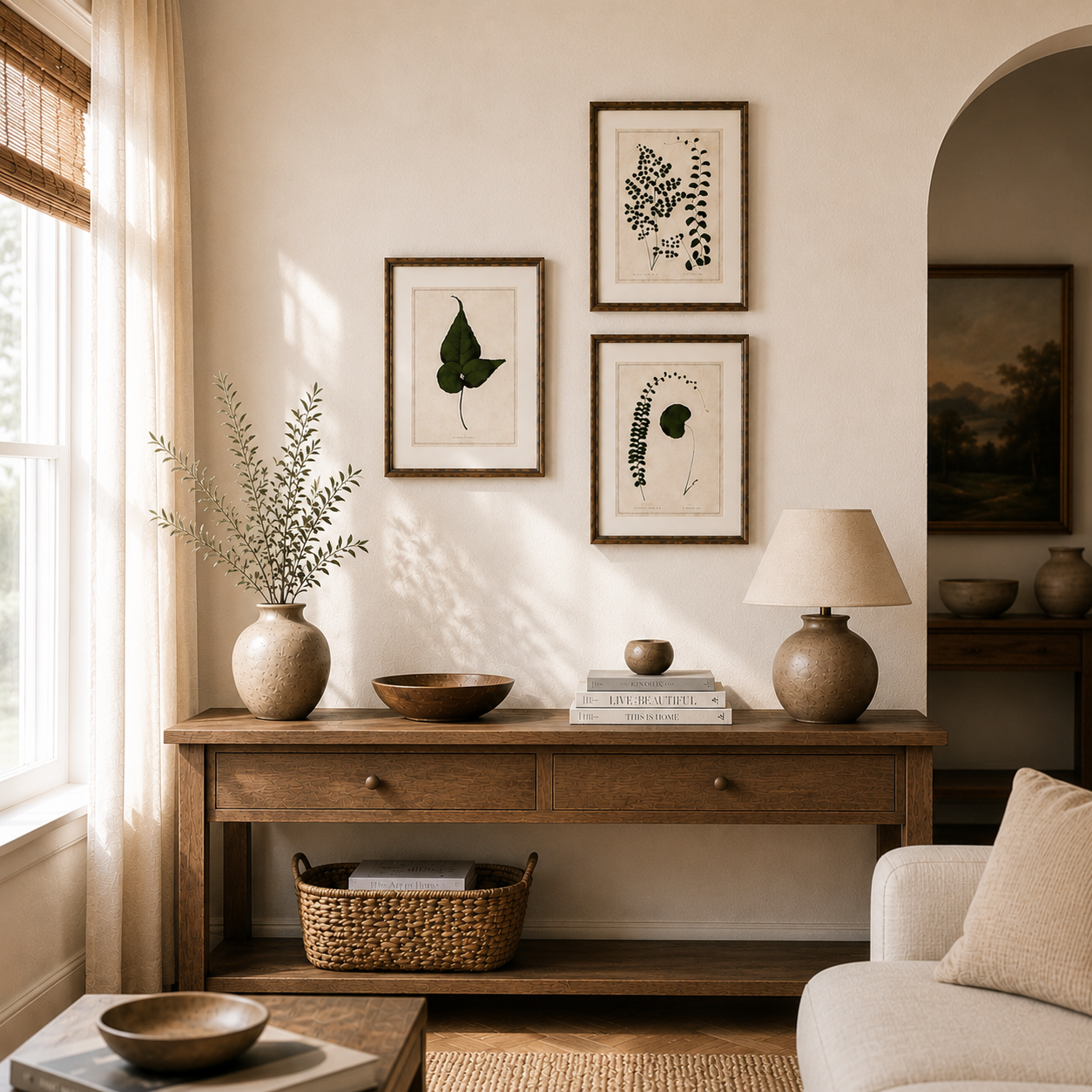 Nest living room with wooden console table, framed botanical prints, and decorative items.