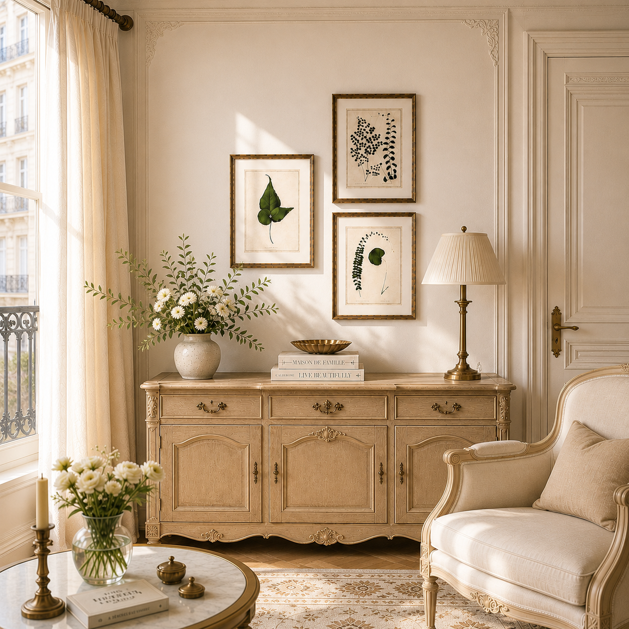 Living room with ornate furniture, floral arrangements, and framed artwork on the wall.