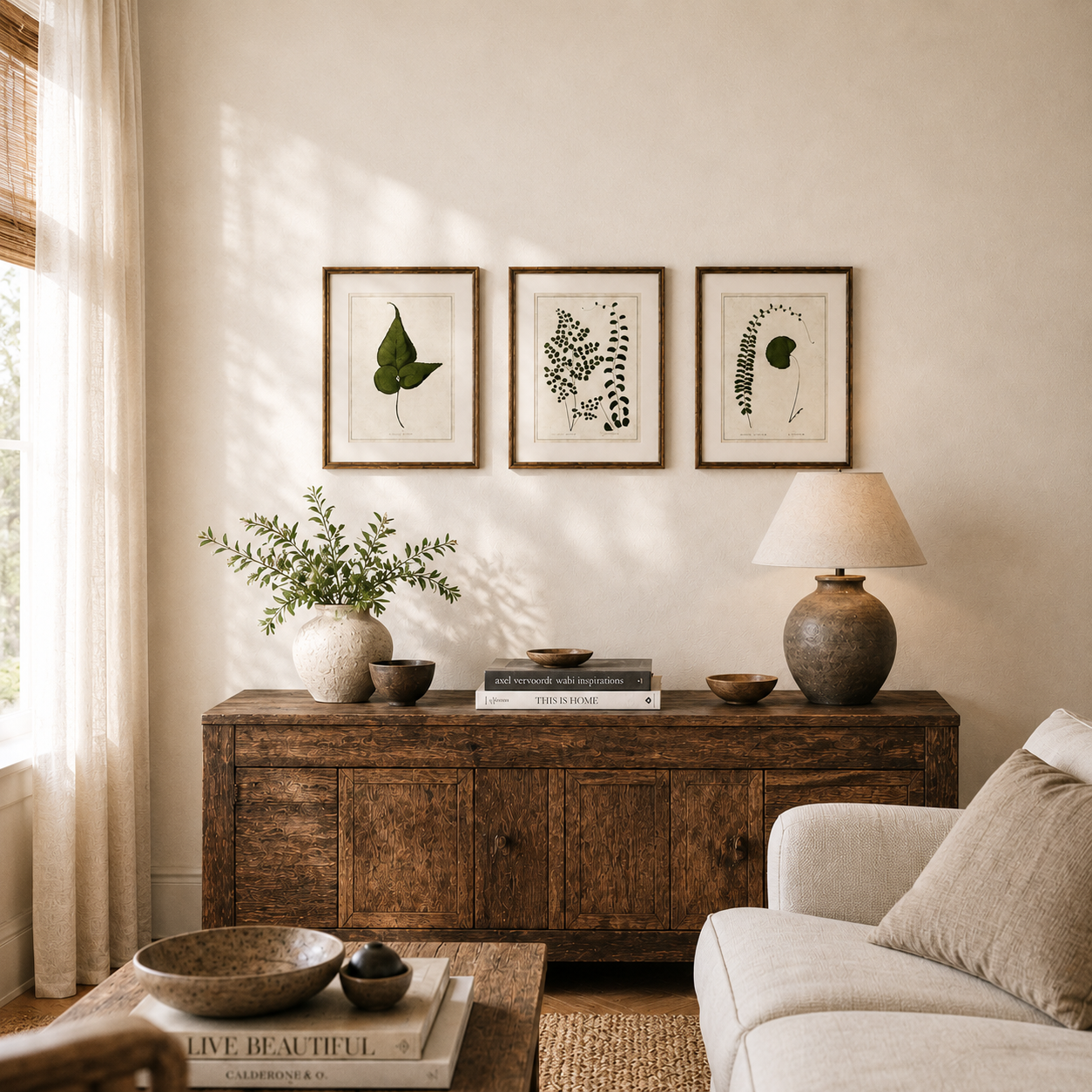 Living room with wooden sideboard, lamp, and framed botanical prints on a neutral wall.