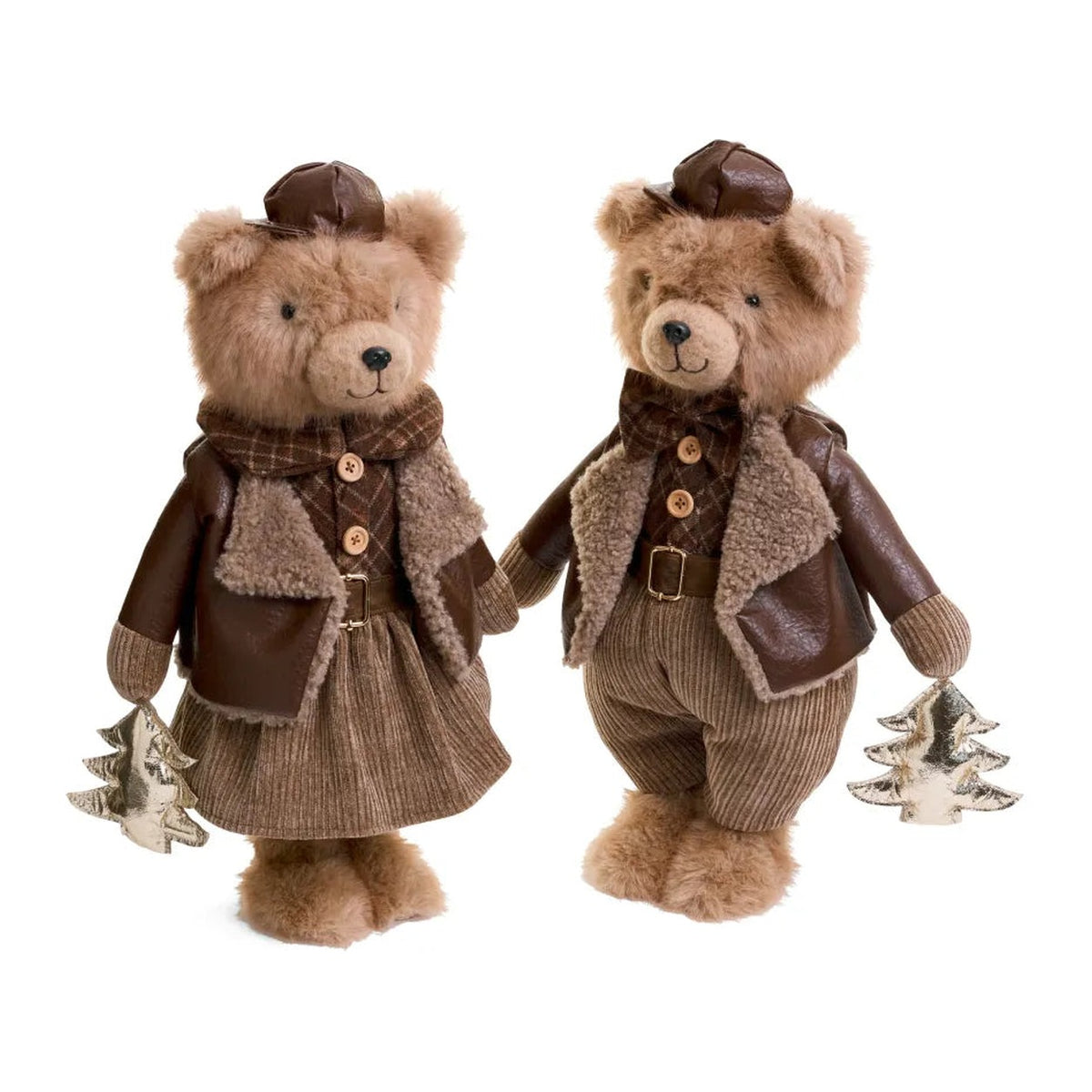Girl brown holiday bear holding a metallic tree; coordinating boy bear also shown