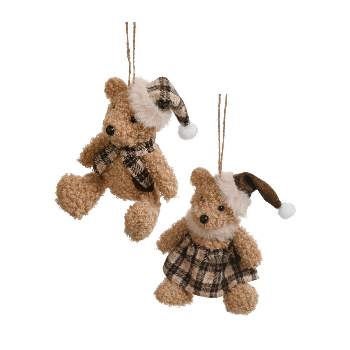 Bruno Plush Bear Ornament Set of 2 – two small teddy bear hanging ornaments on a white background. One wears a plaid hat
