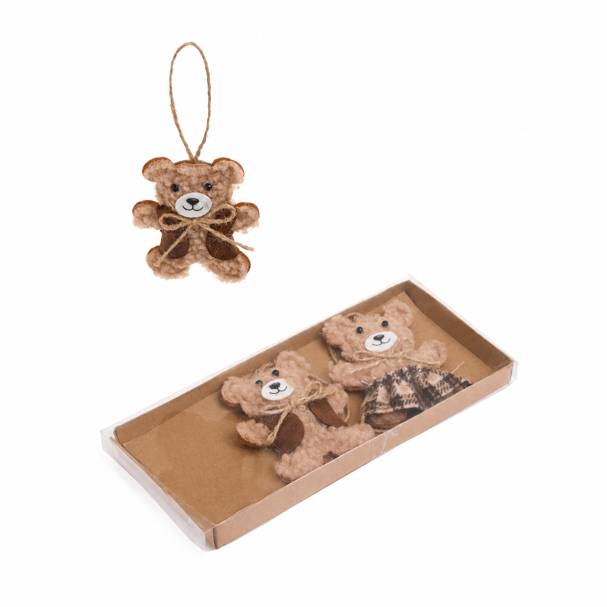 A set of teddy bear ornaments, including one larger brown felt hanging ornament with a string loop and three smaller bear-shaped pieces displayed inside a clear-lidded brown gift box.