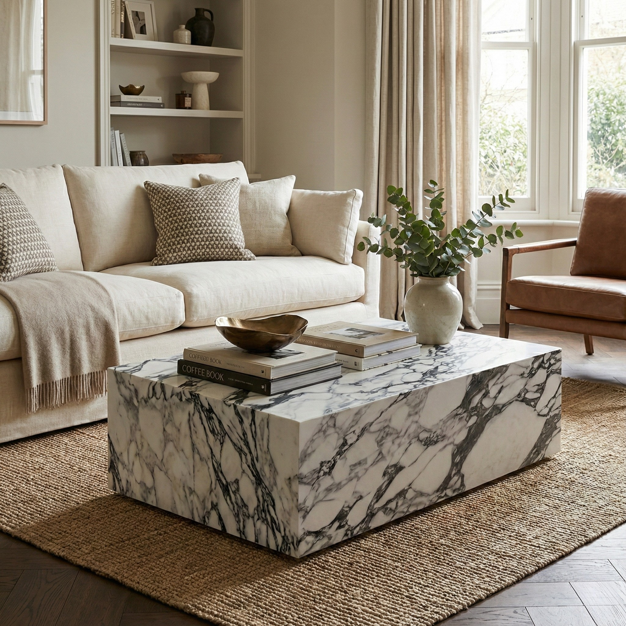 Modern living room featuring a luxury white sintered stone block coffee table styled with a cream sofa and textured rug.