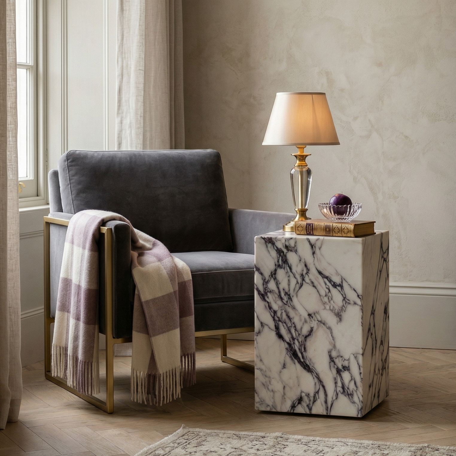 Cozy living room with a gray armchair, marble side table, and decorative elements.