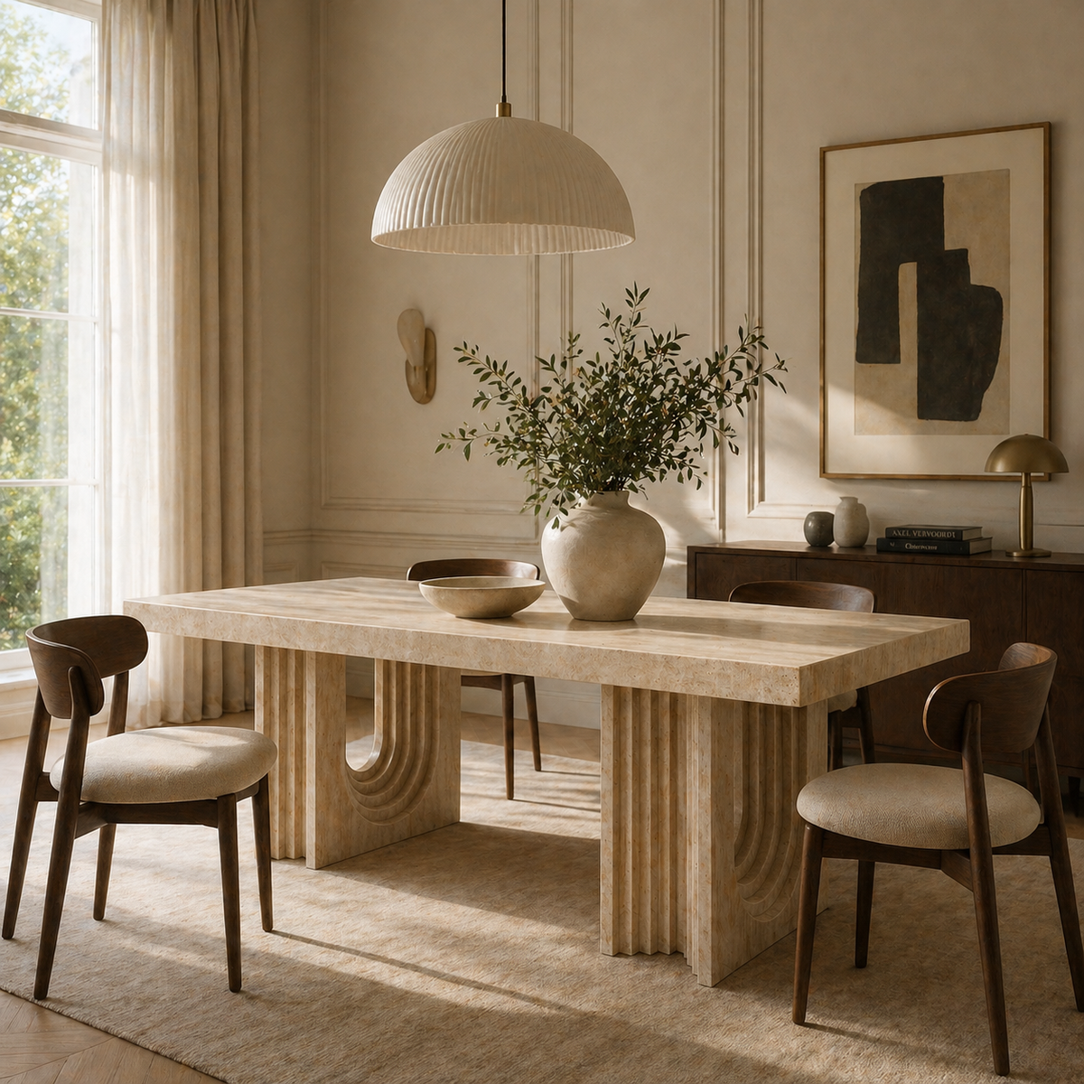 A dining room set with a natural travertine dining table and four chairs.
