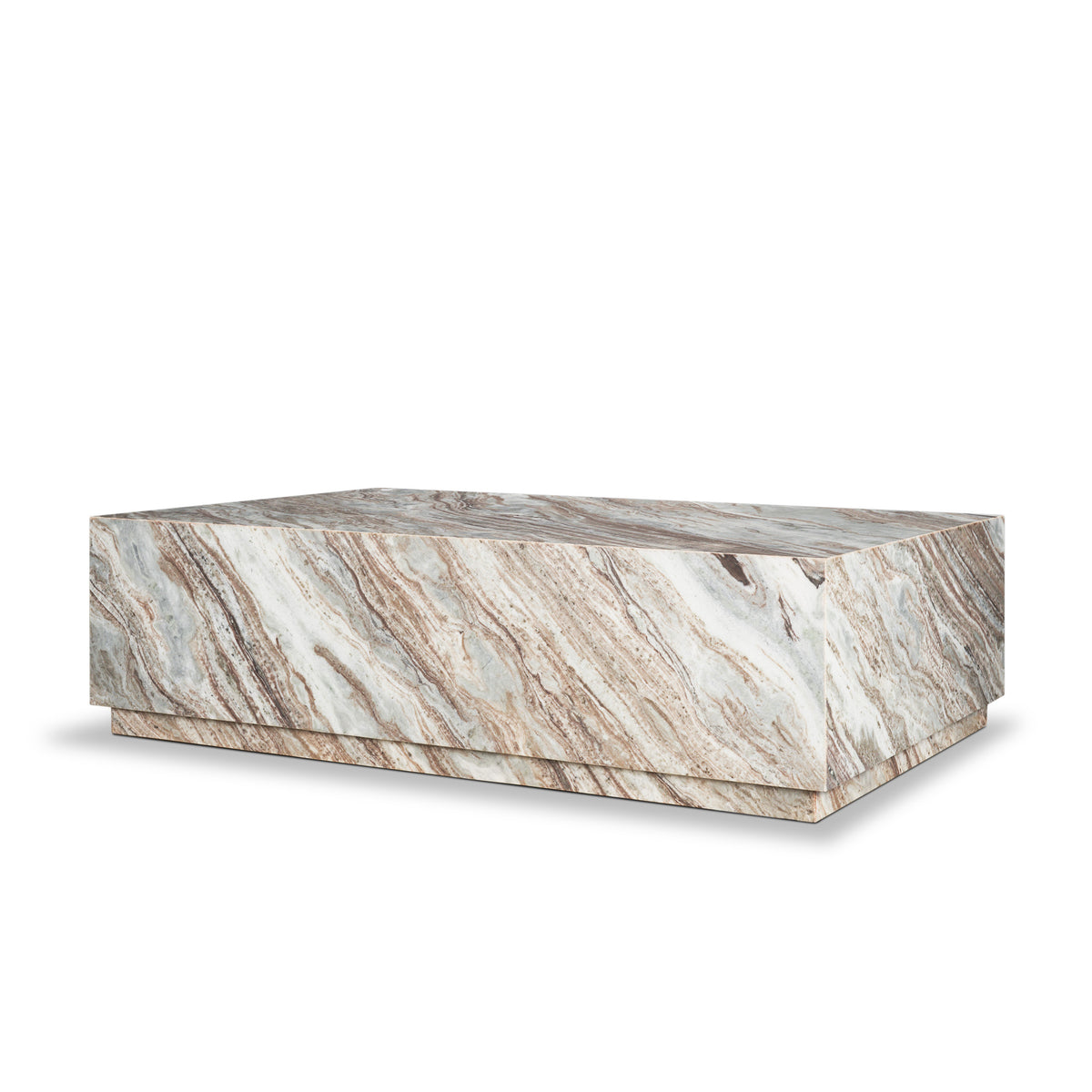 Three-quarter view of the Calista Marble Plinth Coffee Table showing the polished marble top, front and side surfaces.