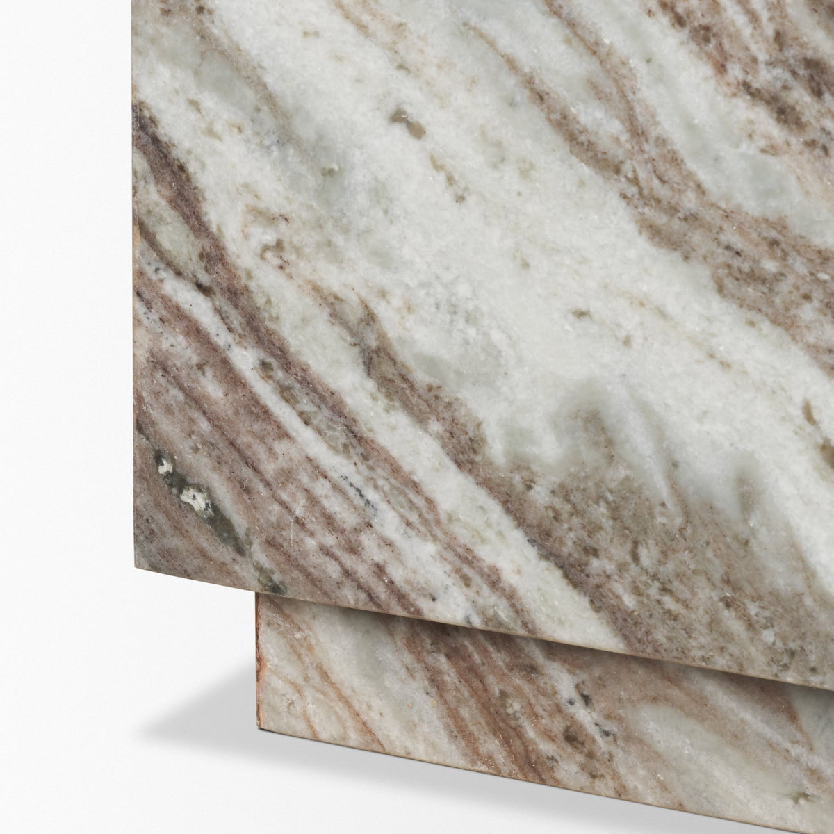 Close-up of the Calista Marble Plinth Coffee Table recessed marble base and lower edge detail.