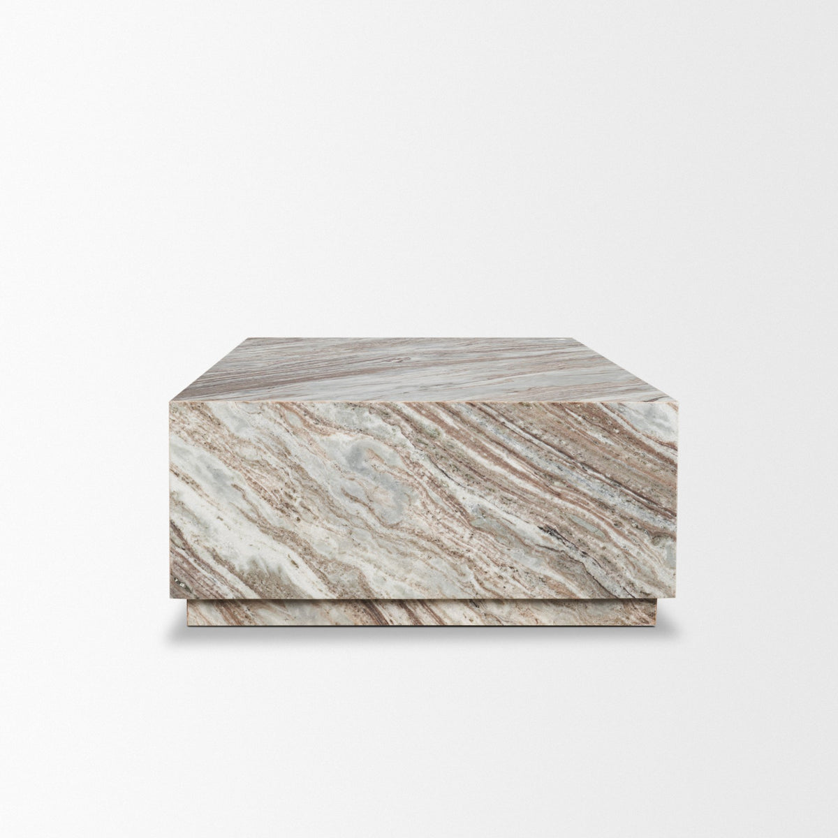 Side-angle view of the Calista Marble Plinth Coffee Table showing its monolithic block silhouette and recessed base.