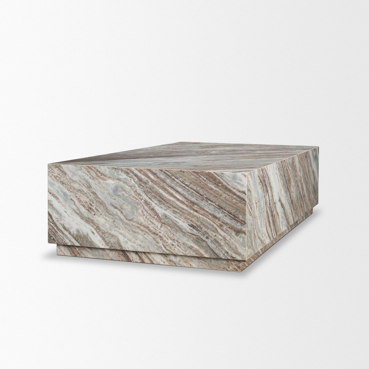 High-angle view of the Calista Marble Plinth Coffee Table highlighting the expansive polished marble surface and veining.