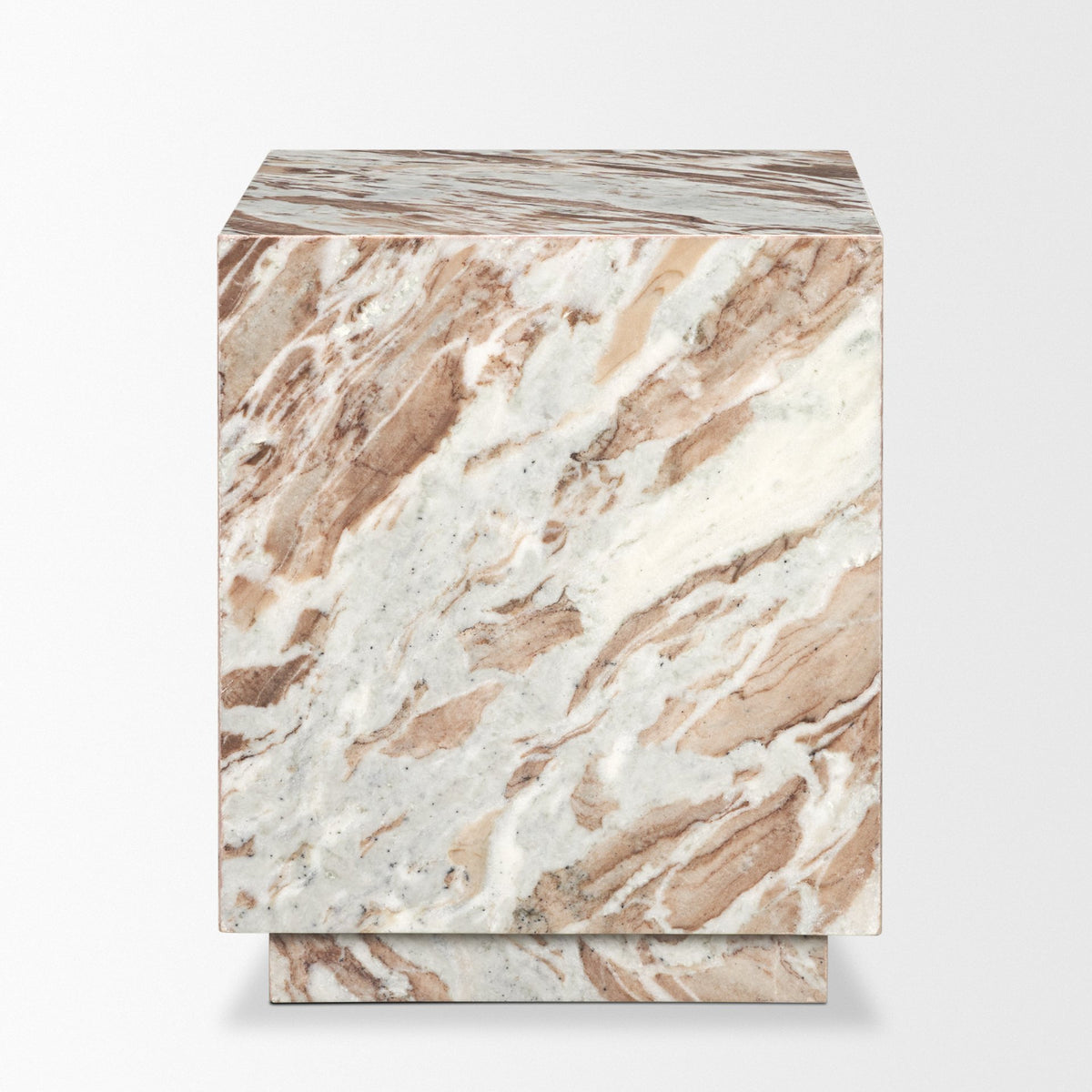 Three-quarter view of the Calista Marble Plinth Side Table showing the polished square top, front and side marble surfaces.