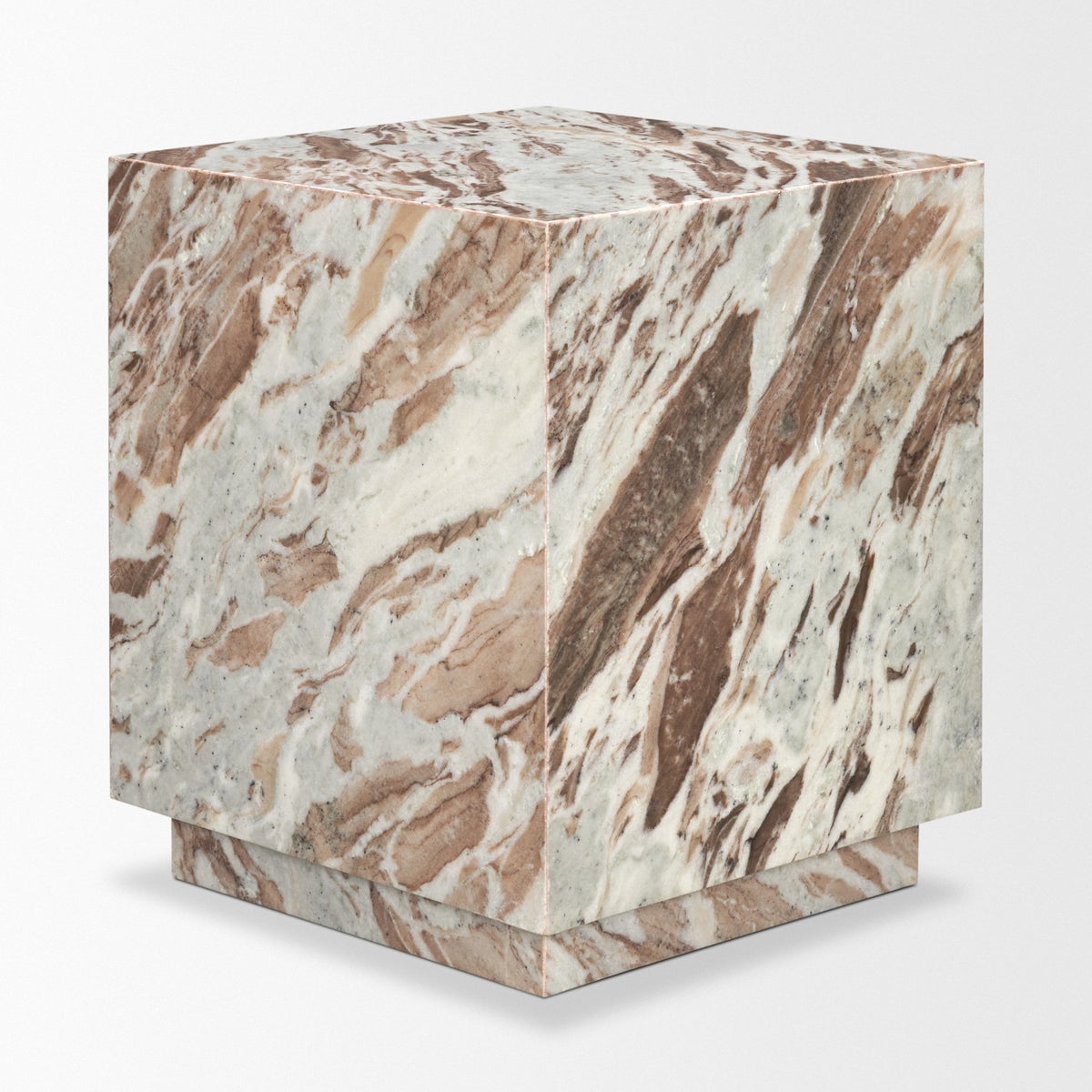 Straight-on view of the Calista Marble Plinth Side Table highlighting the square silhouette and recessed plinth base.