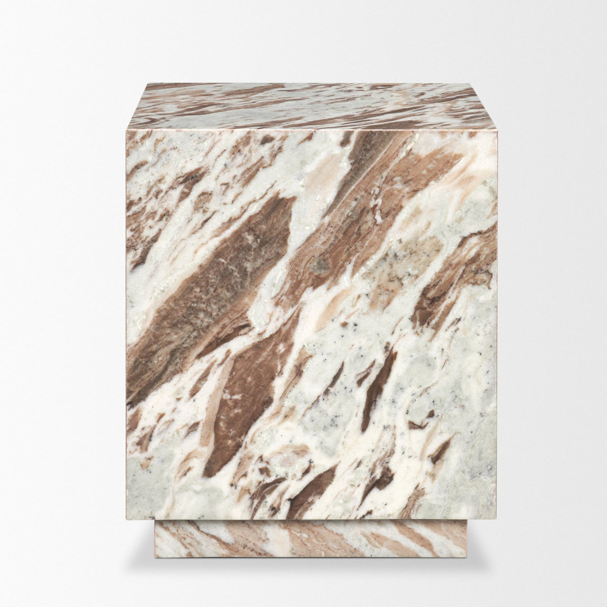 Side-angle view of the Calista Marble Plinth Side Table showing the monolithic marble body and matching recessed base.