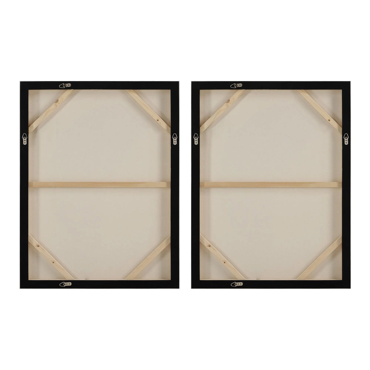 Back view of the Calma Horizon abstract wall art set, showing hanging hardware and wood stretcher frame details